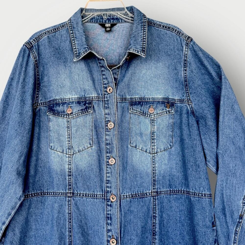 Frye Women Denim Button Up Long Sleeve Shirt Mini Jean Dress XXL Faded Blue Wash - Picture 4 of 13